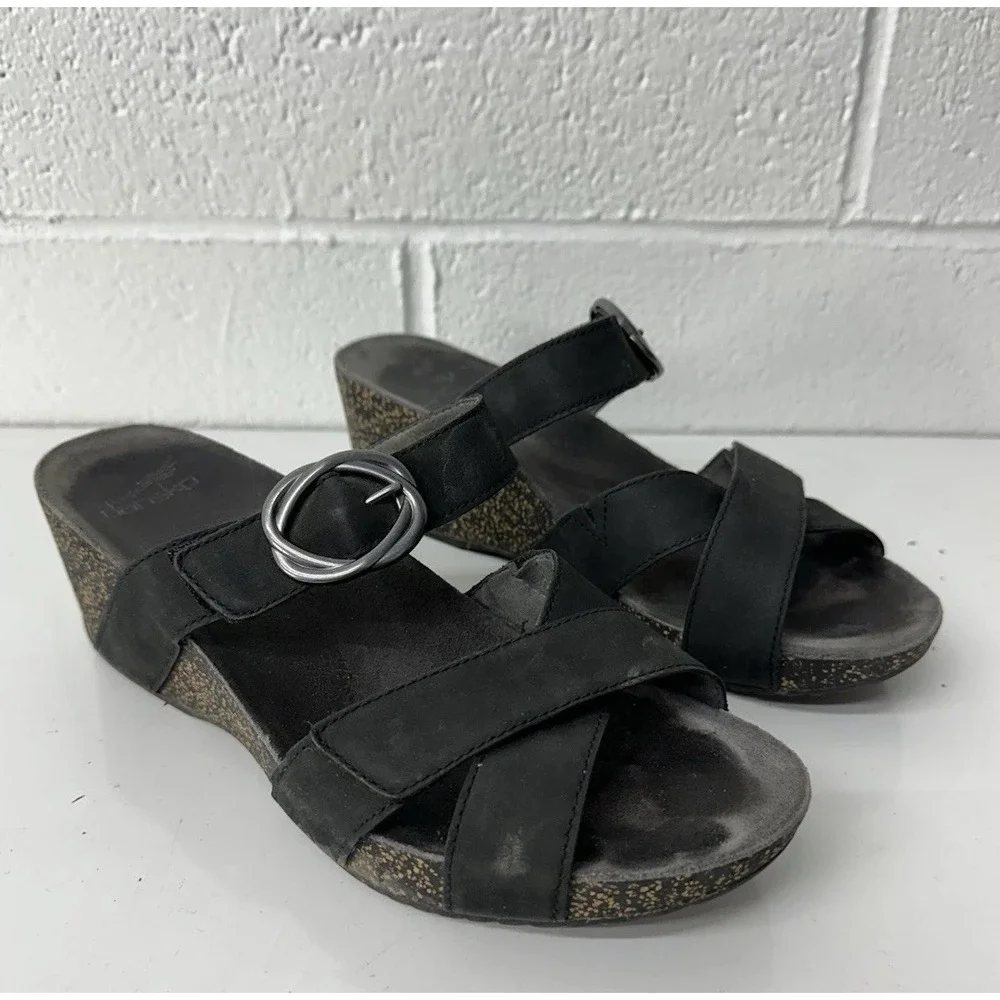 Dansko Susie Sandals Black Nubuck Open Toe Strap Wedge 3420360200 EU41/US10.5-11